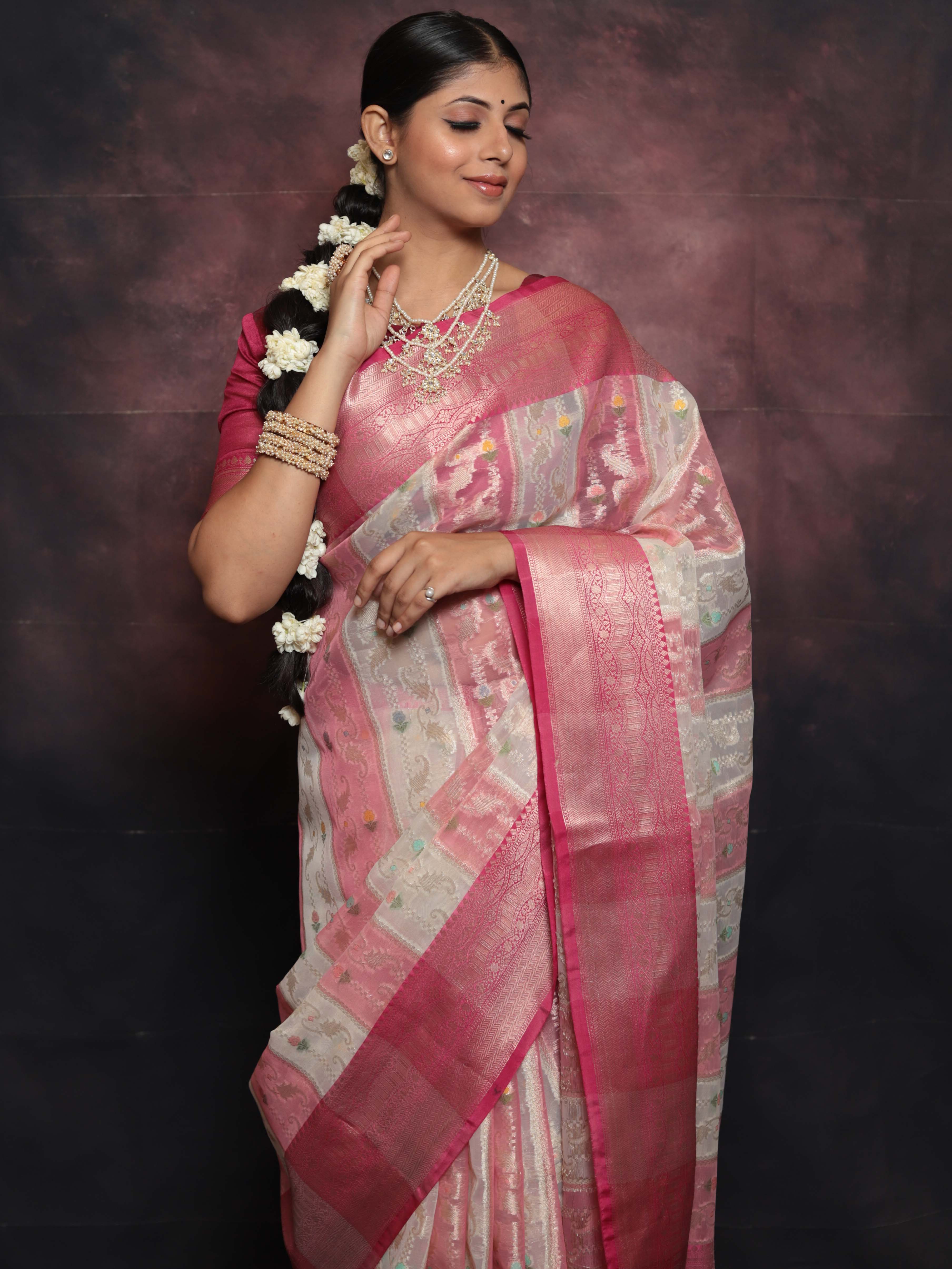 Banarasee Organza Mix Saree With Jaal Design & Floral Border-White & Pink