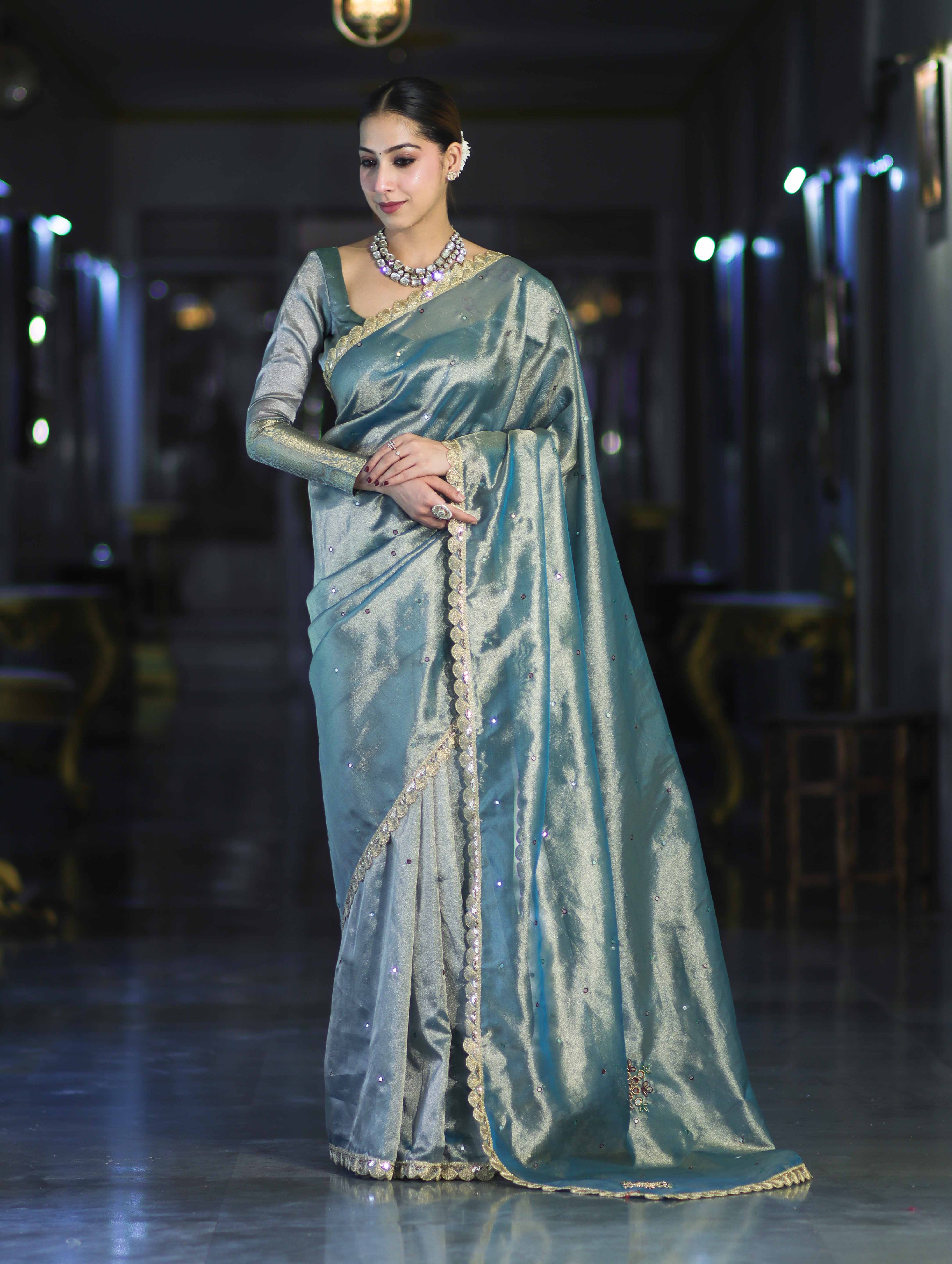 Banarasee Handwoven Tissue Saree With Handwoven Pearl Motifs & Lace-Light Blue