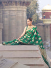 Banarasee Handloom Semi Katan Saree With Zari Buta Work & Border-Green
