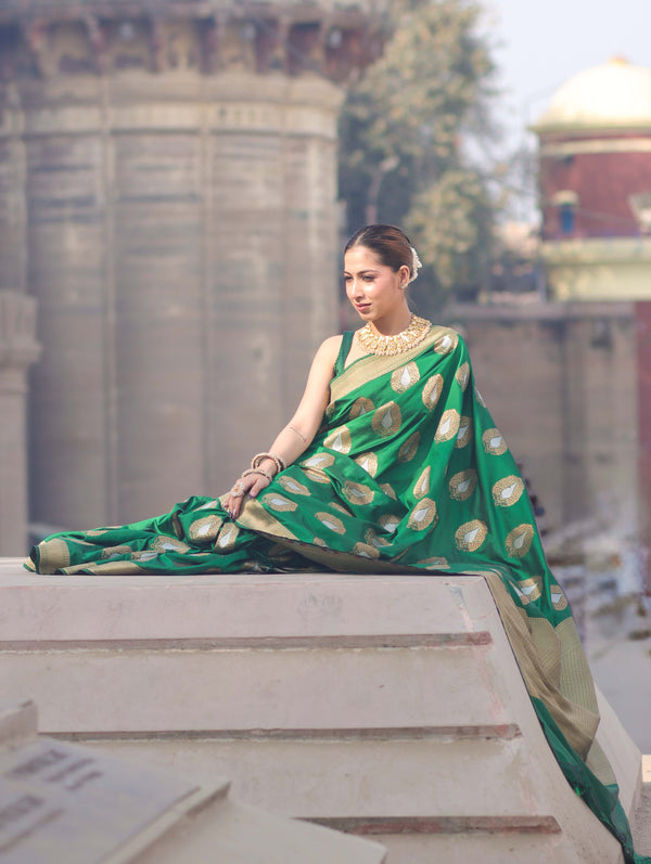Banarasee Handloom Semi Katan Saree With Zari Buta Work & Border-Green