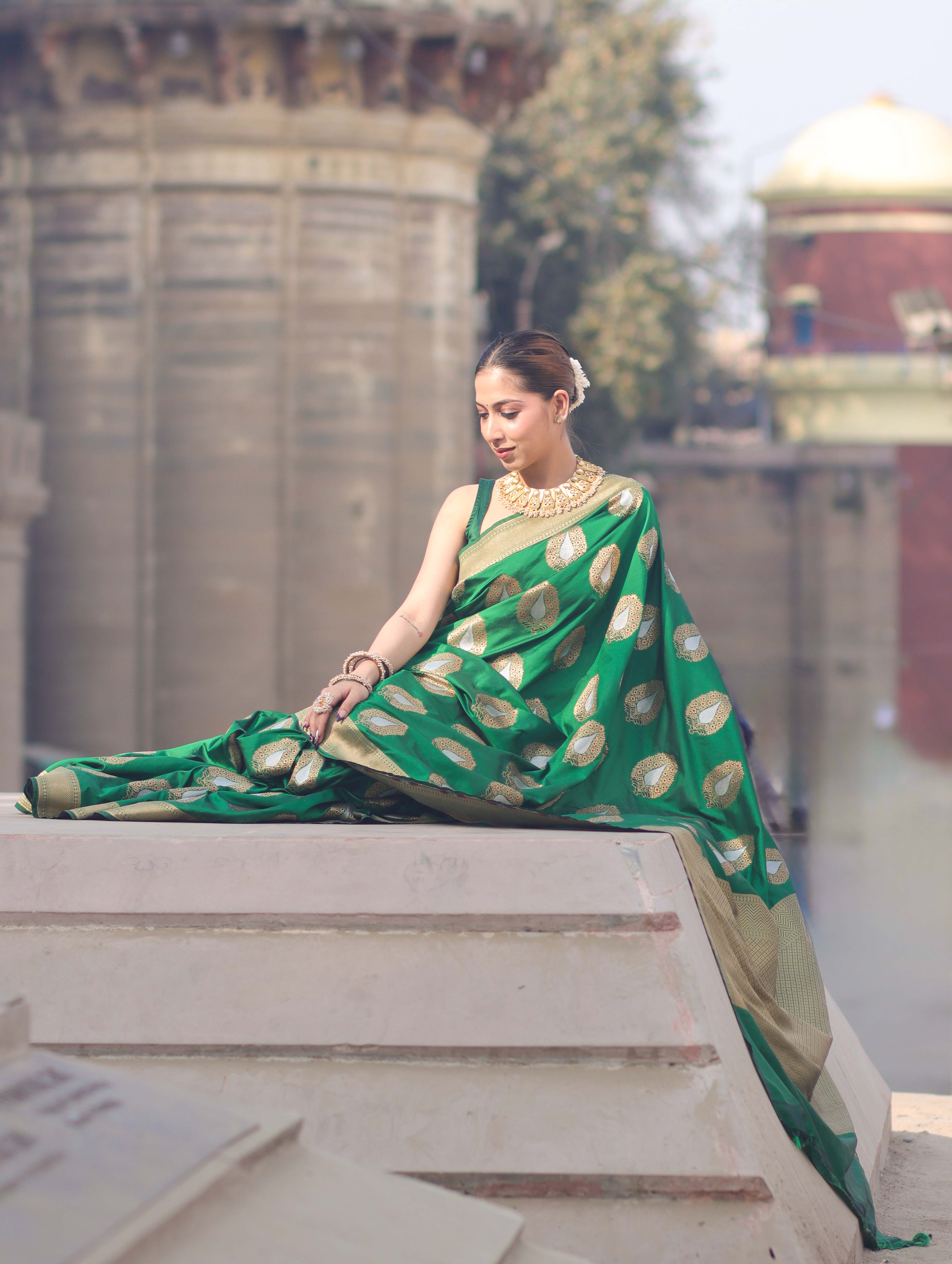 Banarasee Handloom Semi Katan Saree With Zari Buta Work & Border-Green