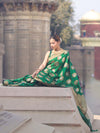 Banarasee Handloom Semi Katan Saree With Zari Buta Work & Border-Green