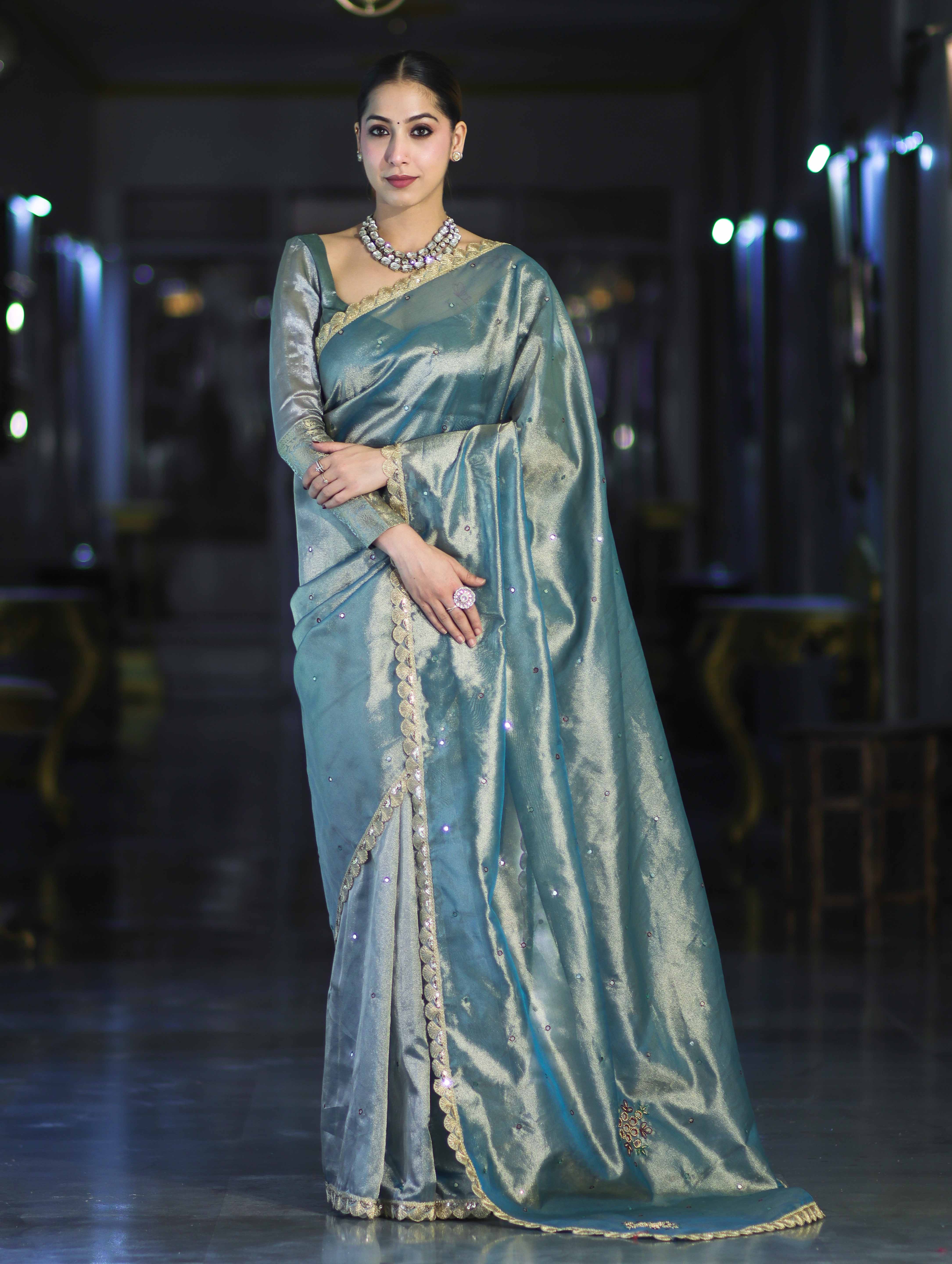 Banarasee Handwoven Tissue Saree With Handwoven Pearl Motifs & Lace-Light Blue