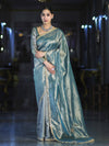 Banarasee Handwoven Tissue Saree With Handwoven Pearl Motifs & Lace-Light Blue
