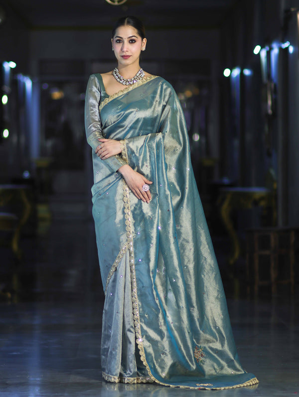 Banarasee Handwoven Tissue Saree With Handwoven Pearl Motifs & Lace-Light Blue