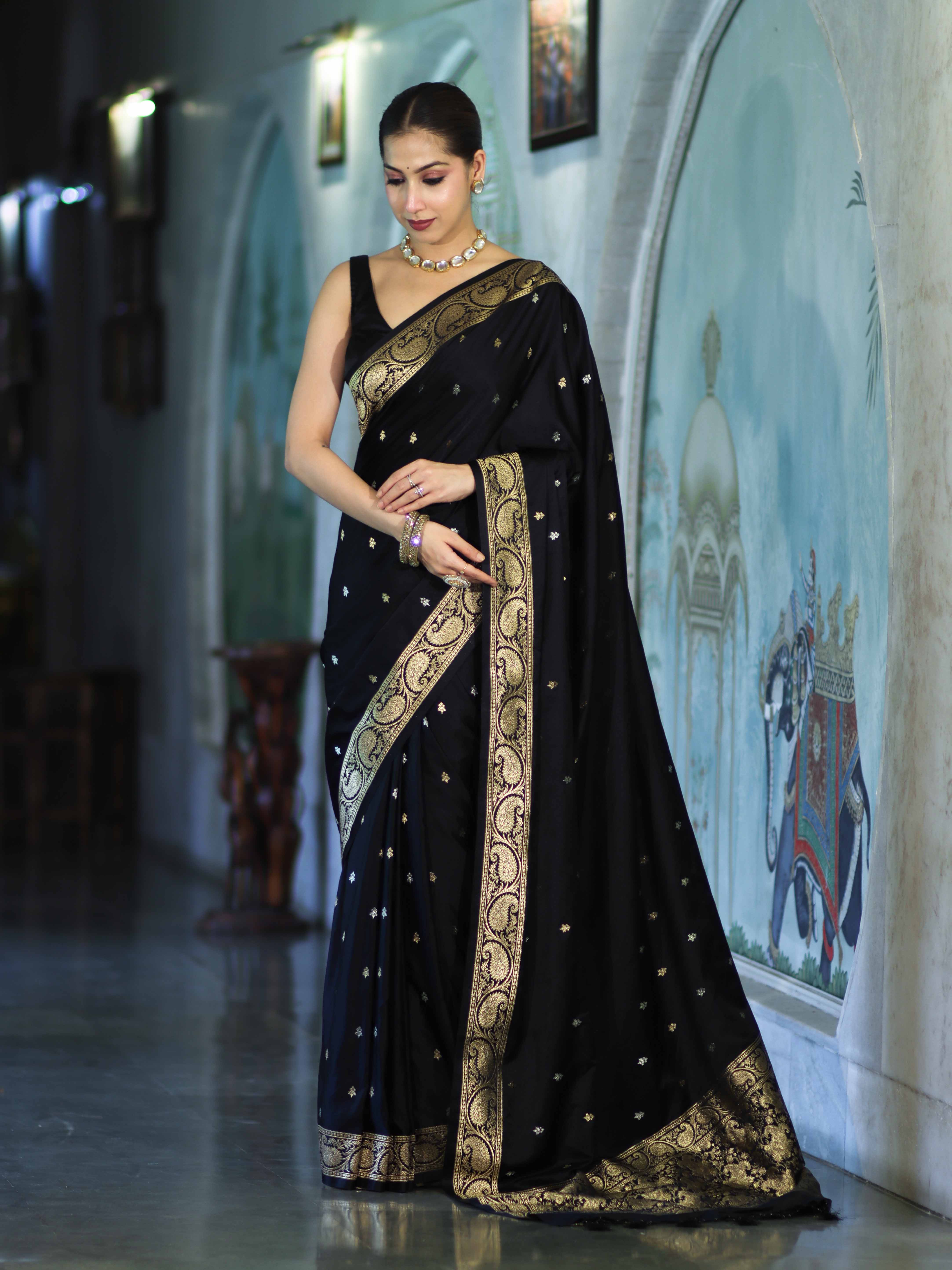 Banarasee Mashru Silk Saree With Zari Motifs & Floral Border-Black
