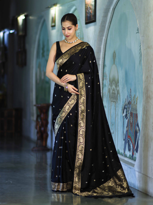 Banarasee Mashru Silk Saree With Zari Motifs & Floral Border-Black