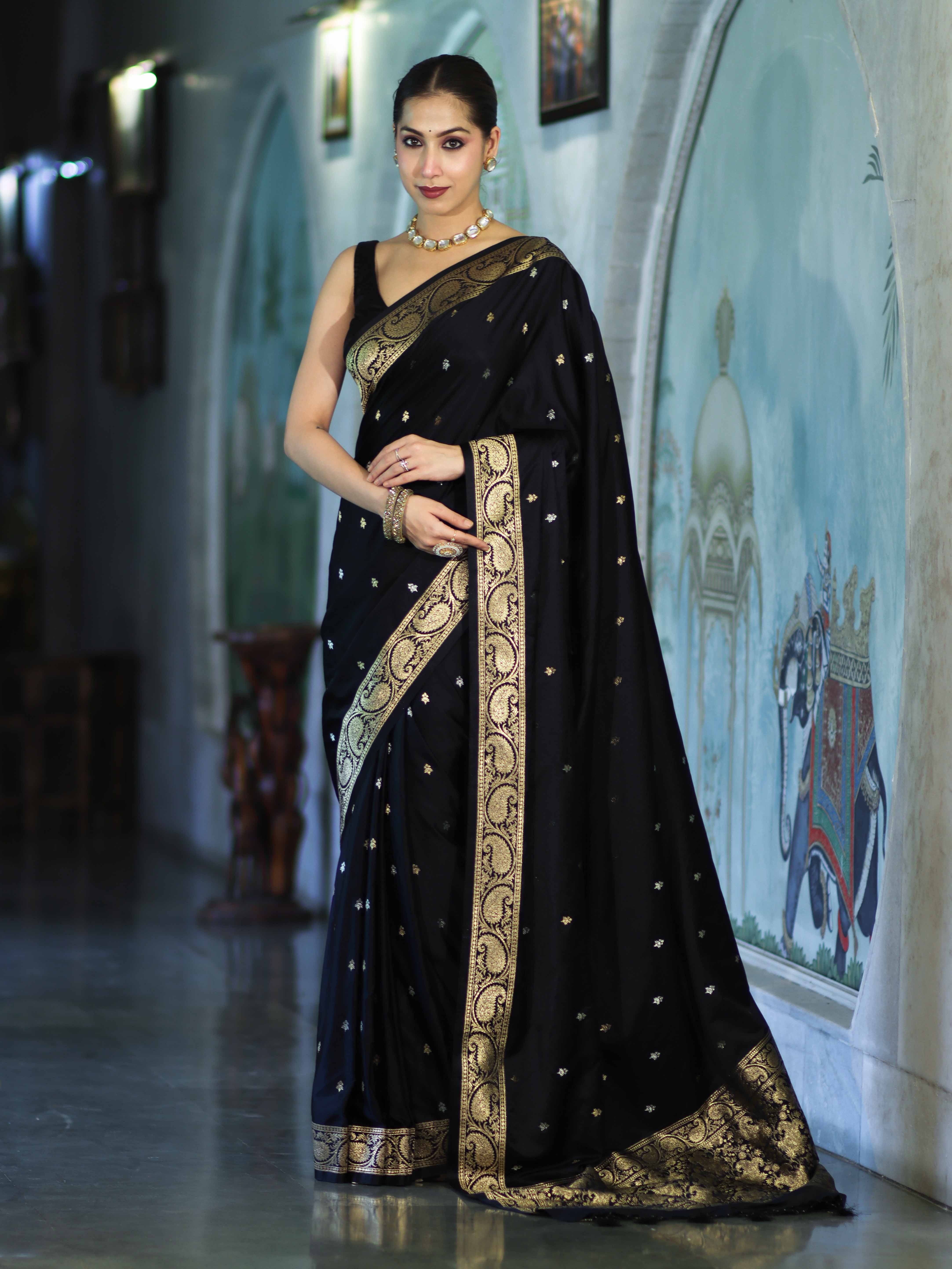 Banarasee Mashru Silk Saree With Zari Motifs & Floral Border-Black
