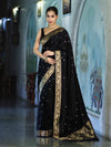 Banarasee Mashru Silk Saree With Zari Motifs & Floral Border-Black