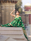 Banarasee Handloom Semi Katan Saree With Zari Buta Work & Border-Green