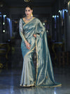Banarasee Handwoven Tissue Saree With Handwoven Pearl Motifs & Lace-Light Blue