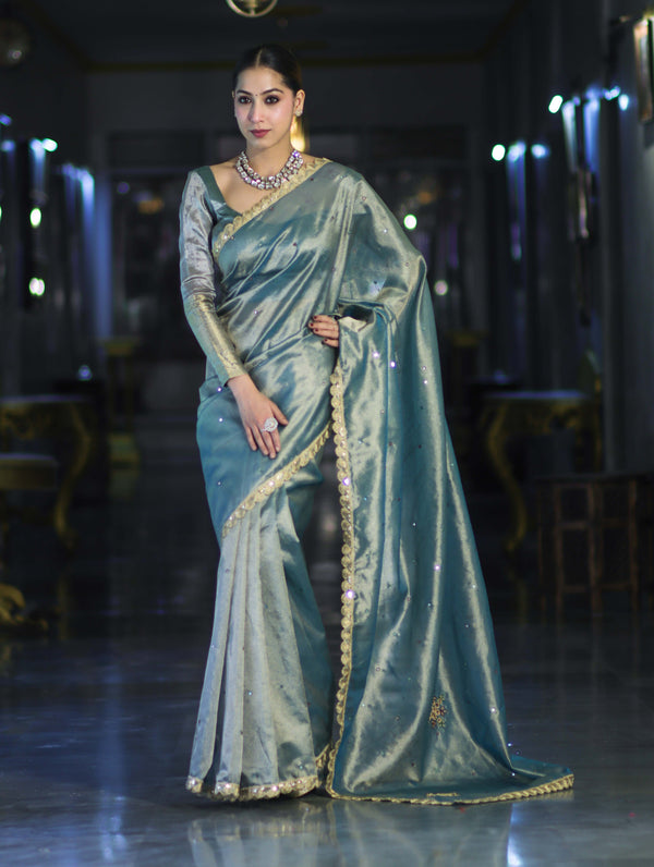 Banarasee Handwoven Tissue Saree With Handwoven Pearl Motifs & Lace-Light Blue
