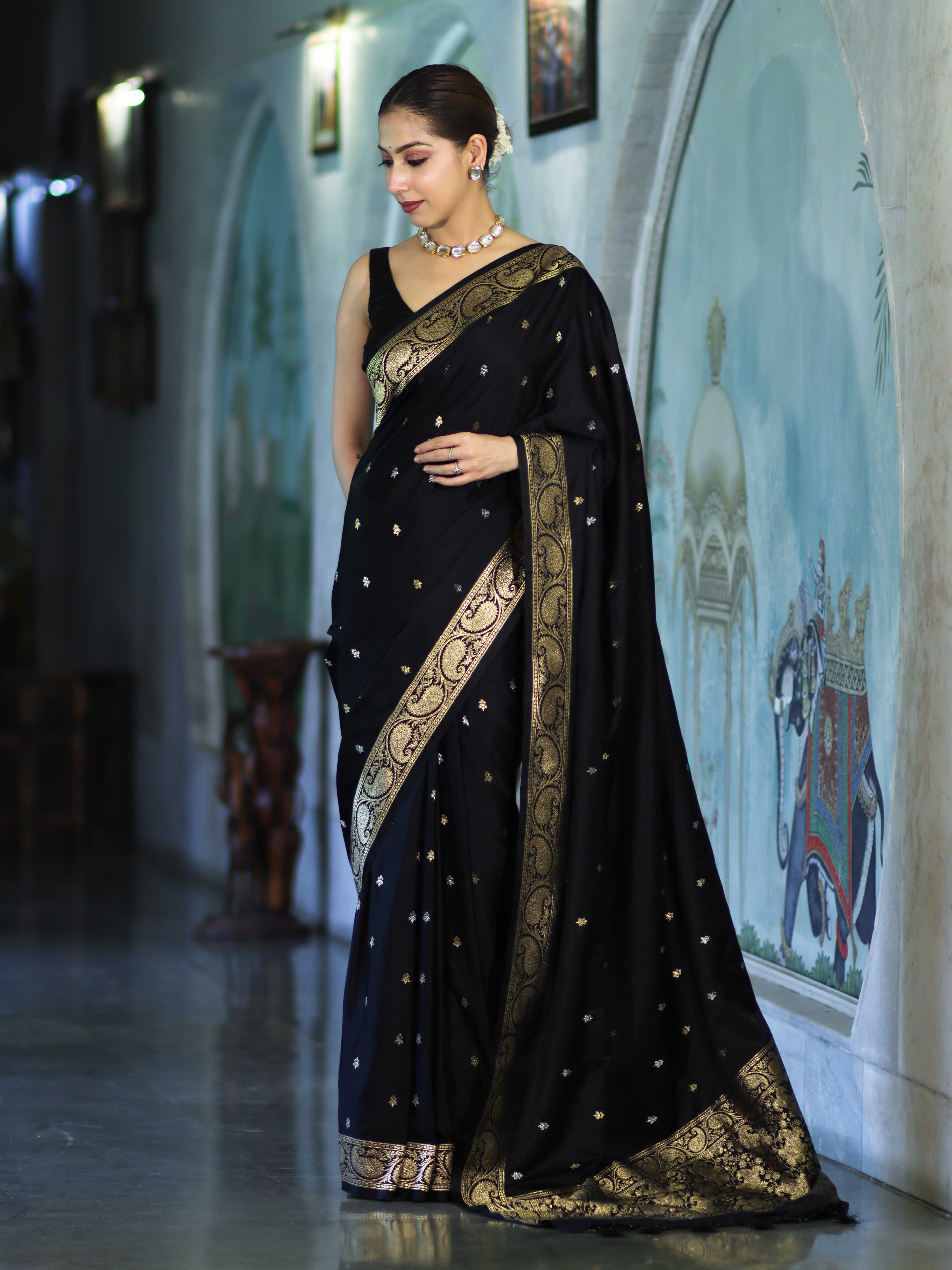 Banarasee Mashru Silk Saree With Zari Motifs & Floral Border-Black