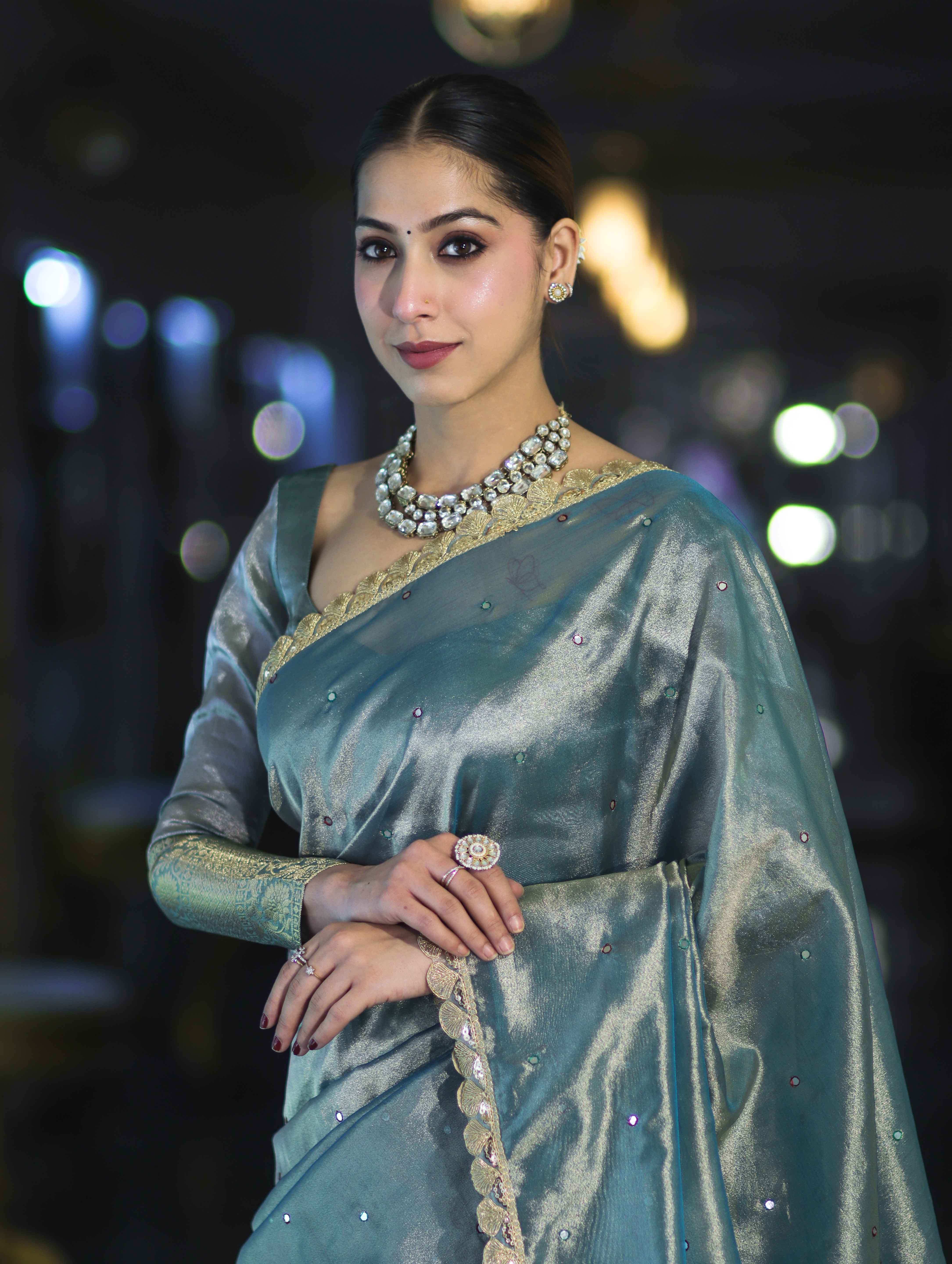 Banarasee Handwoven Tissue Saree With Handwoven Pearl Motifs & Lace-Light Blue