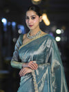Banarasee Handwoven Tissue Saree With Handwoven Pearl Motifs & Lace-Light Blue