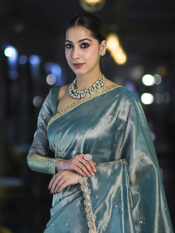 Banarasee Handwoven Tissue Saree With Handwoven Pearl Motifs & Lace-Light Blue