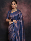 Banarasee Kubera Pattu Soft Silk Saree With Copper Zari Work- Deep Blue