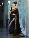 Banarasee Mashru Silk Saree With Zari Motifs & Floral Border-Black