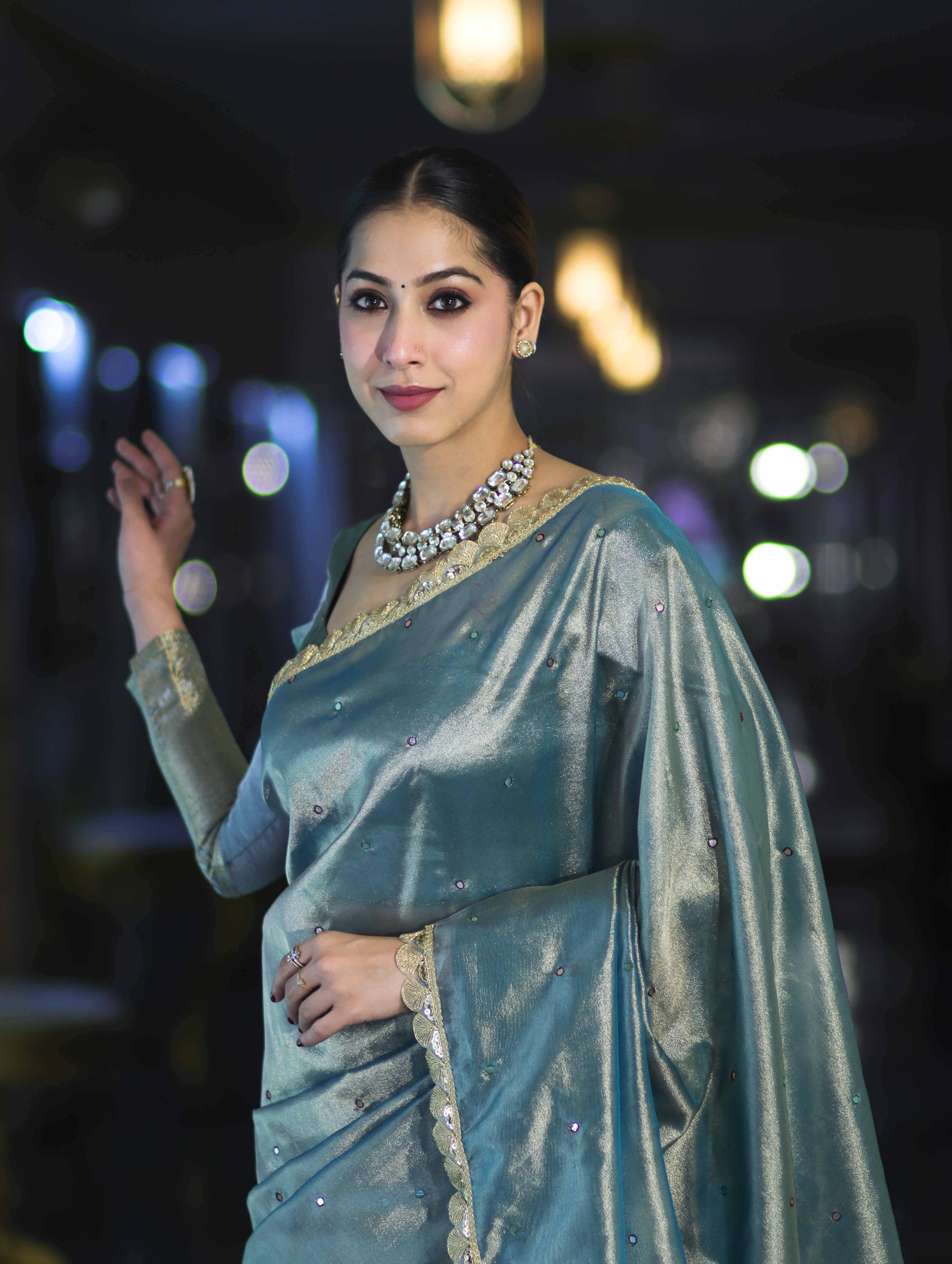 Banarasee Handwoven Tissue Saree With Handwoven Pearl Motifs & Lace-Light Blue