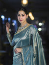 Banarasee Handwoven Tissue Saree With Handwoven Pearl Motifs & Lace-Light Blue