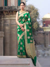 Banarasee Handloom Semi Katan Saree With Zari Buta Work & Border-Green