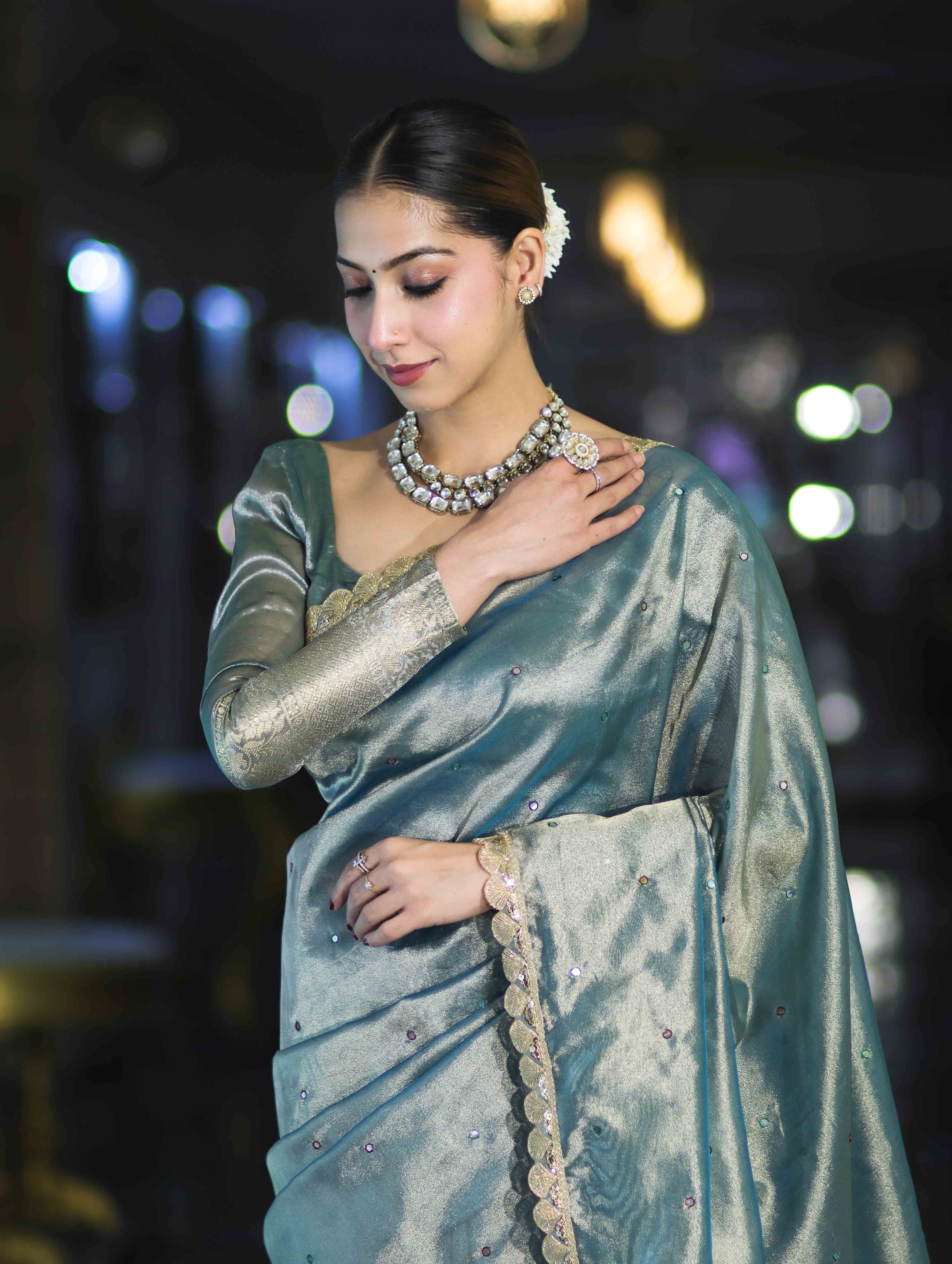 Banarasee Handwoven Tissue Saree With Handwoven Pearl Motifs & Lace-Light Blue