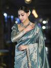 Banarasee Handwoven Tissue Saree With Handwoven Pearl Motifs & Lace-Light Blue