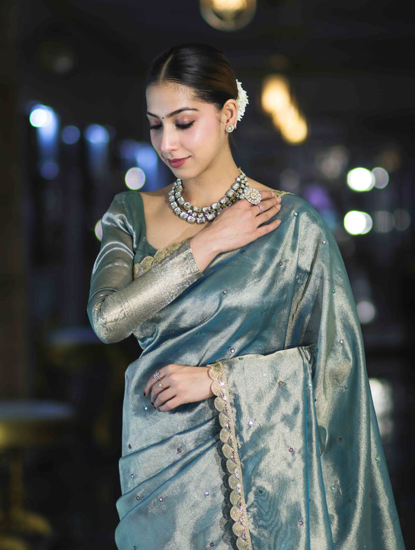 Banarasee Handwoven Tissue Saree With Handwoven Pearl Motifs & Lace-Light Blue