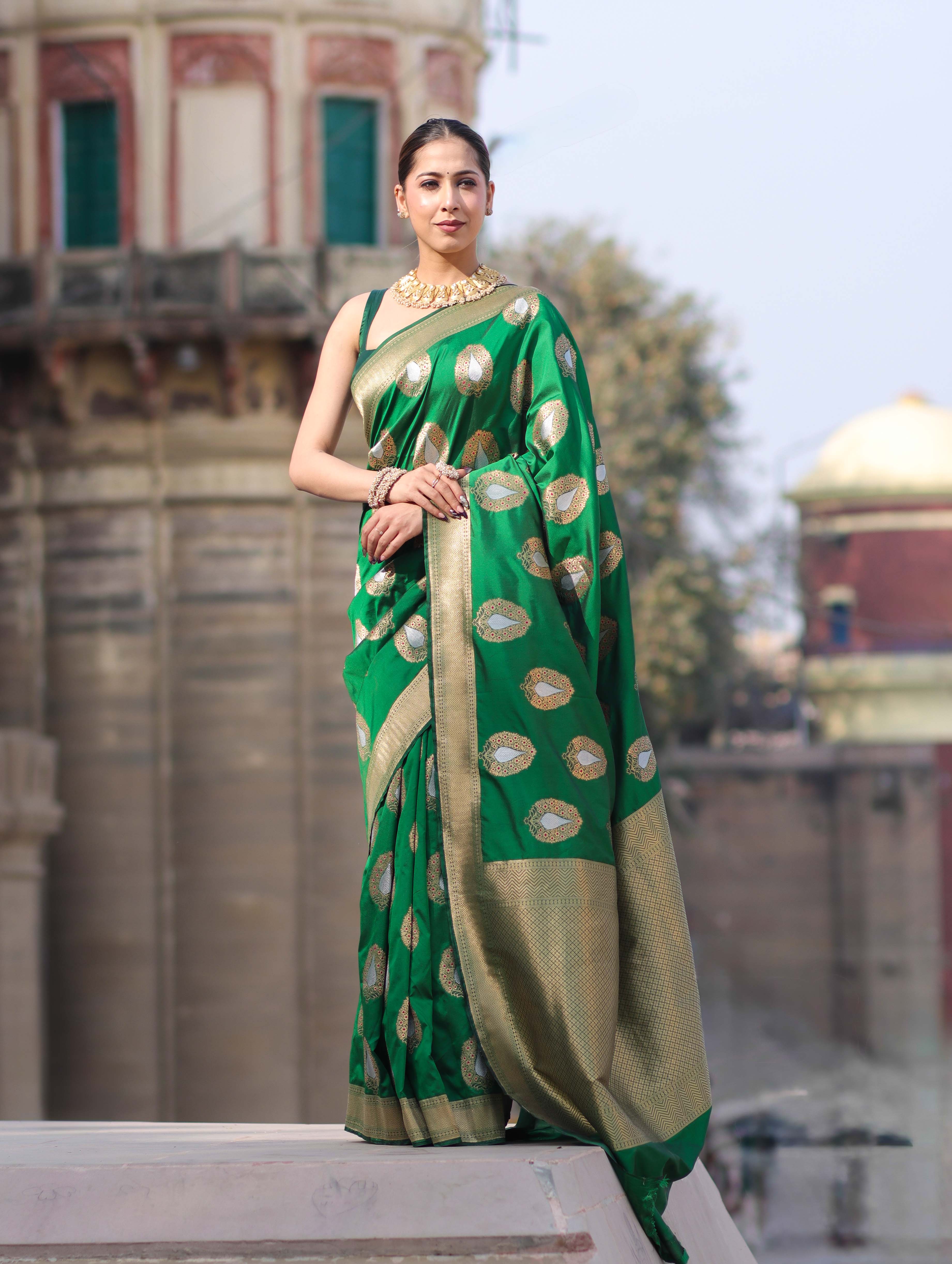 Banarasee Handloom Semi Katan Saree With Zari Buta Work & Border-Green