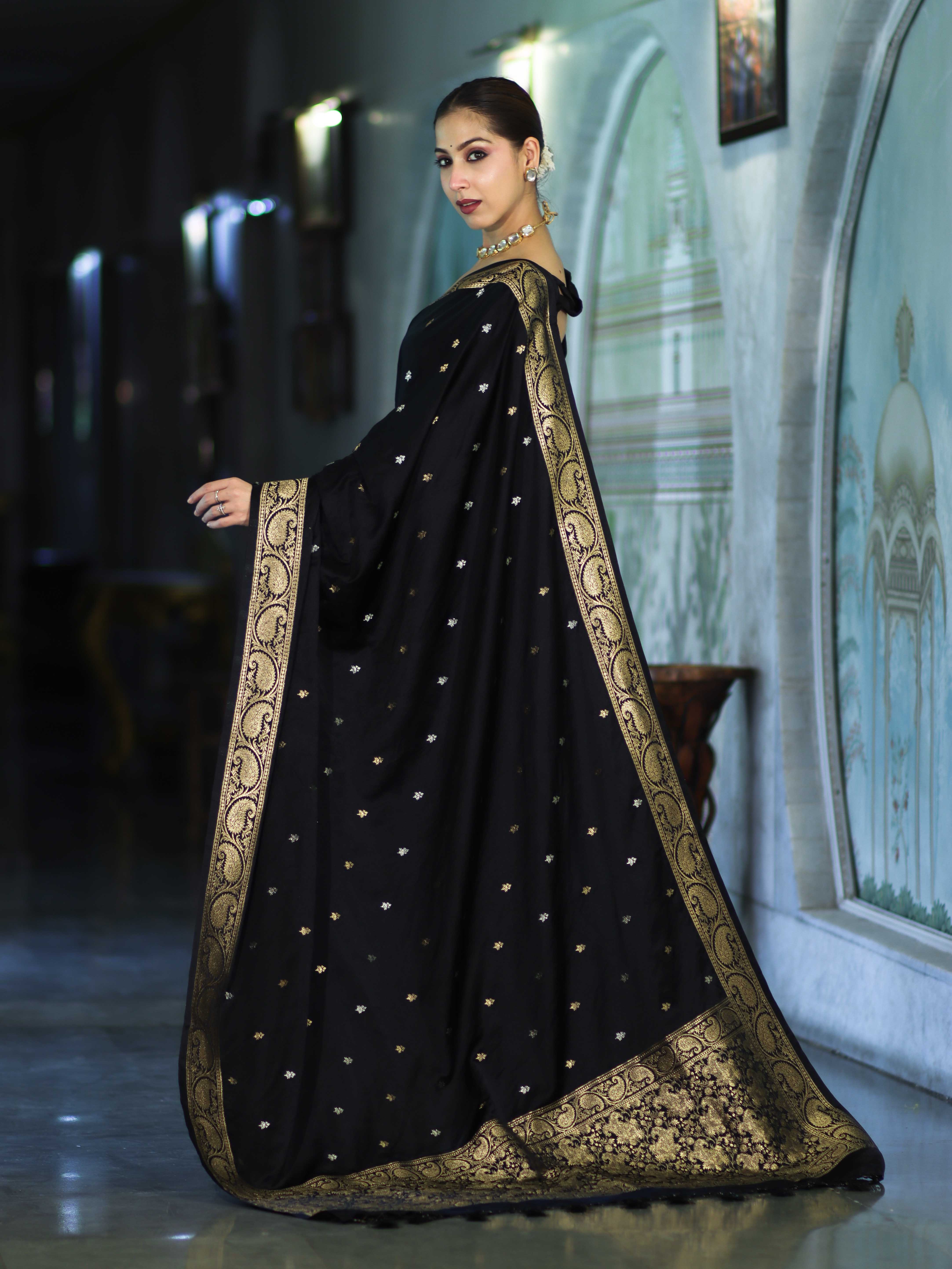 Banarasee Mashru Silk Saree With Zari Motifs & Floral Border-Black