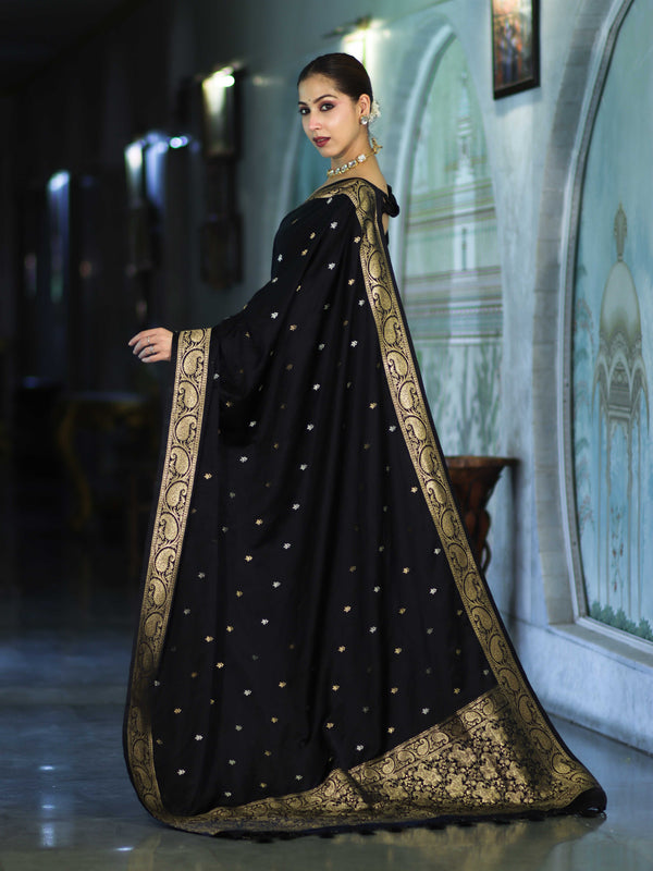 Banarasee Mashru Silk Saree With Zari Motifs & Floral Border-Black