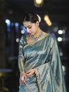 Banarasee Handwoven Tissue Saree With Handwoven Pearl Motifs & Lace-Light Blue