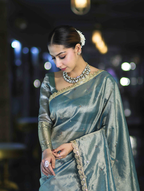 Banarasee Handwoven Tissue Saree With Handwoven Pearl Motifs & Lace-Light Blue