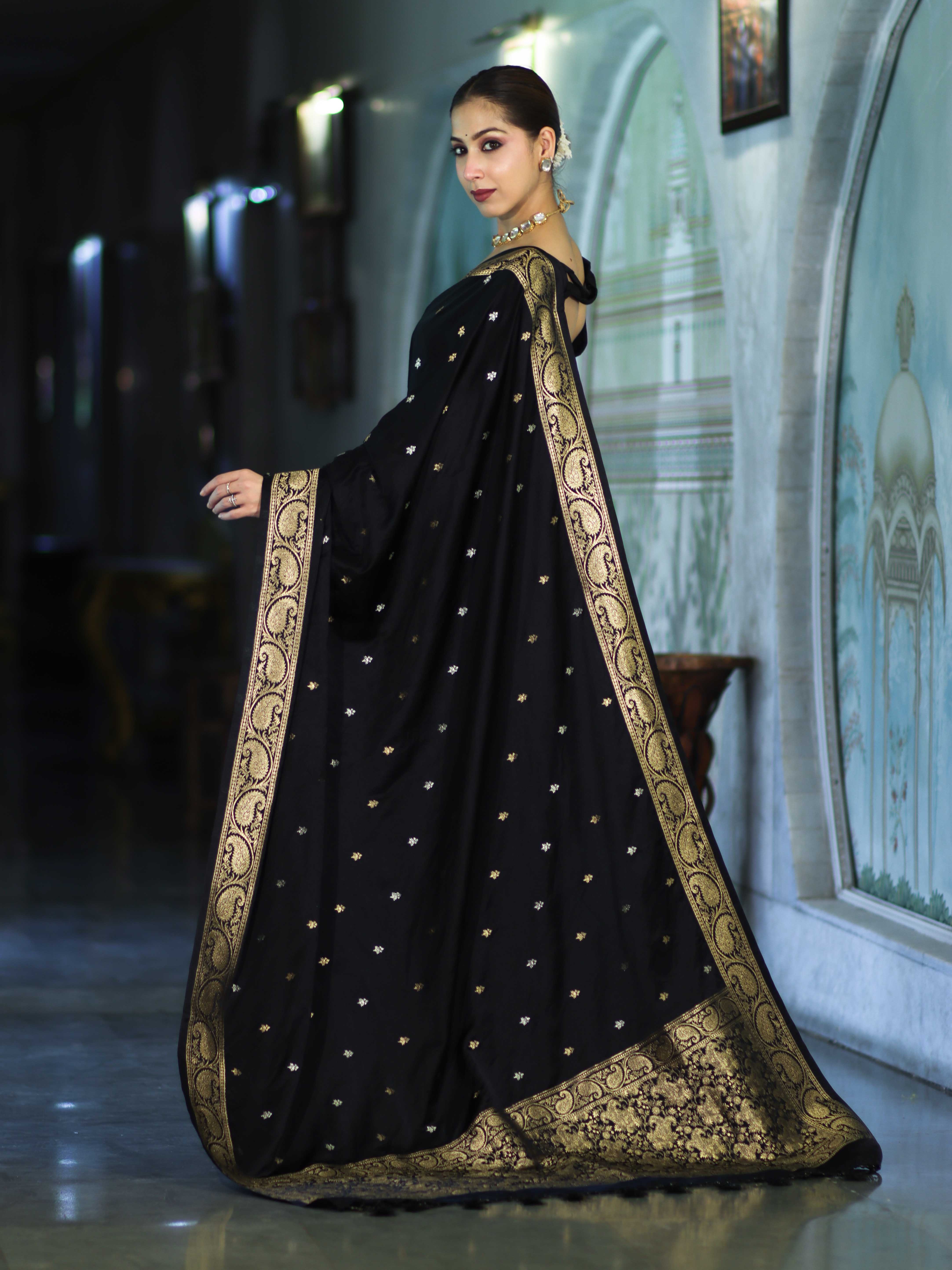 Banarasee Mashru Silk Saree With Zari Motifs & Floral Border-Black
