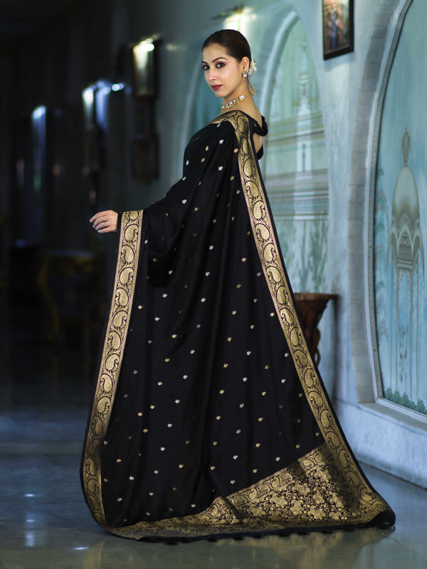 Banarasee Mashru Silk Saree With Zari Motifs & Floral Border-Black
