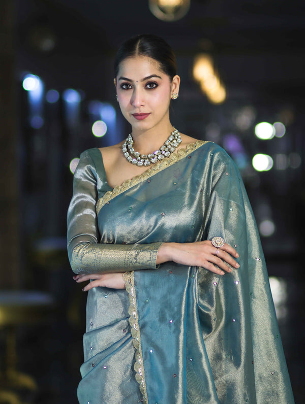 Banarasee Handwoven Tissue Saree With Handwoven Pearl Motifs & Lace-Light Blue