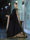 Banarasee Mashru Silk Saree With Zari Motifs & Floral Border-Black