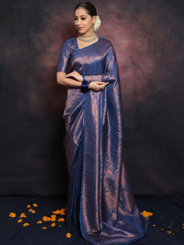 Banarasee Kubera Pattu Soft Silk Saree With Copper Zari Work- Deep Blue