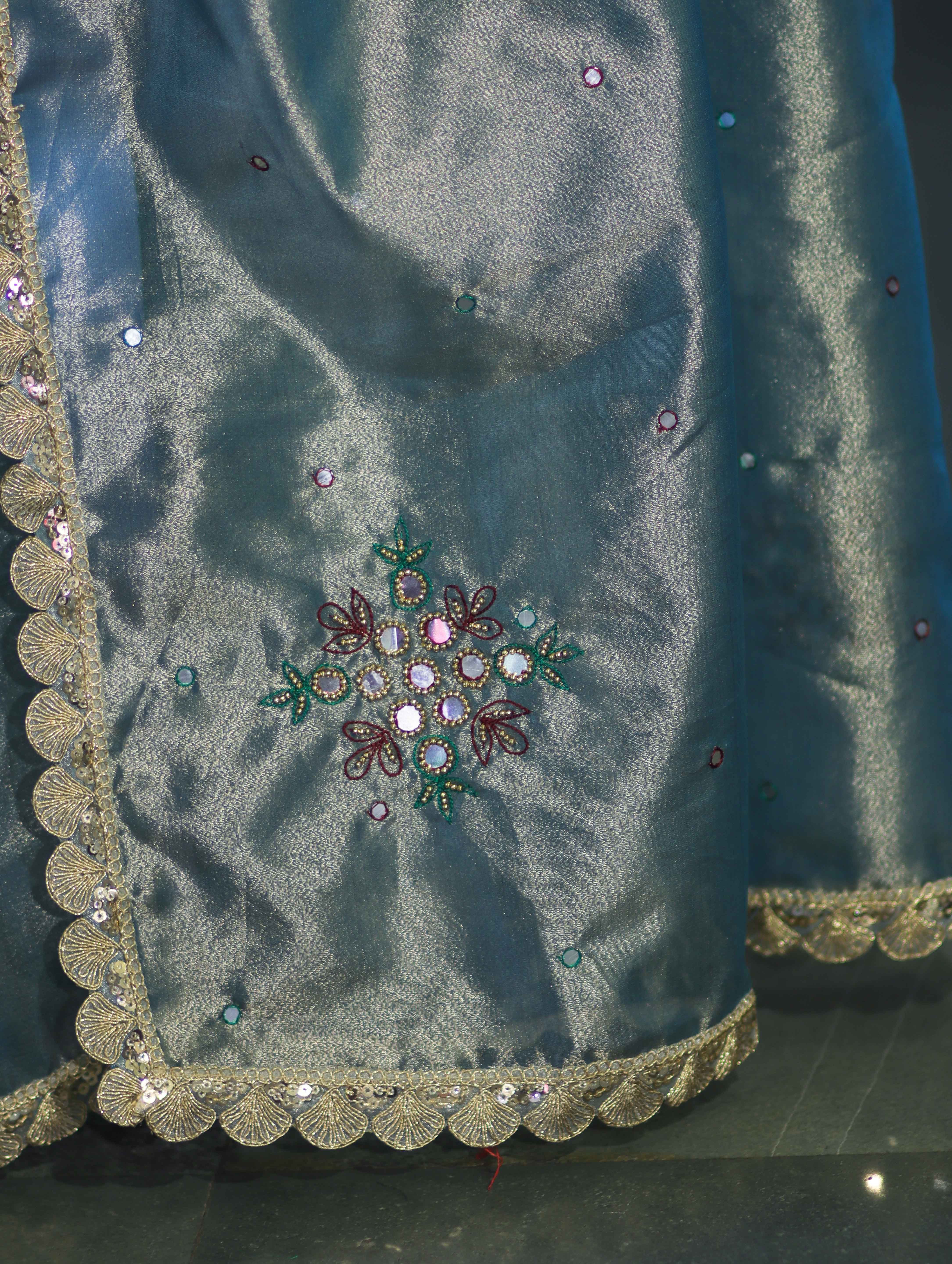 Banarasee Handwoven Tissue Saree With Handwoven Pearl Motifs & Lace-Light Blue