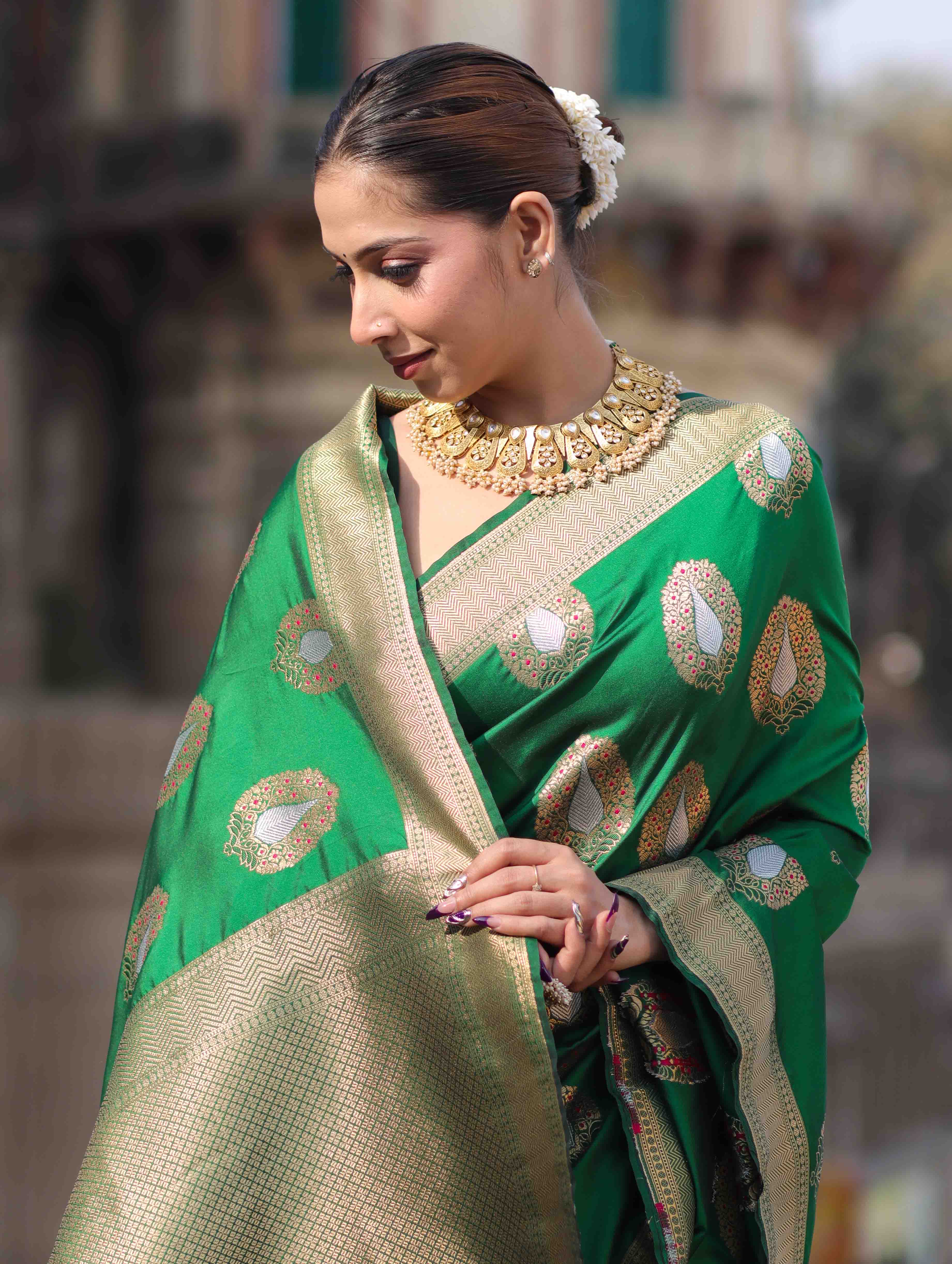 Banarasee Handloom Semi Katan Saree With Zari Buta Work & Border-Green