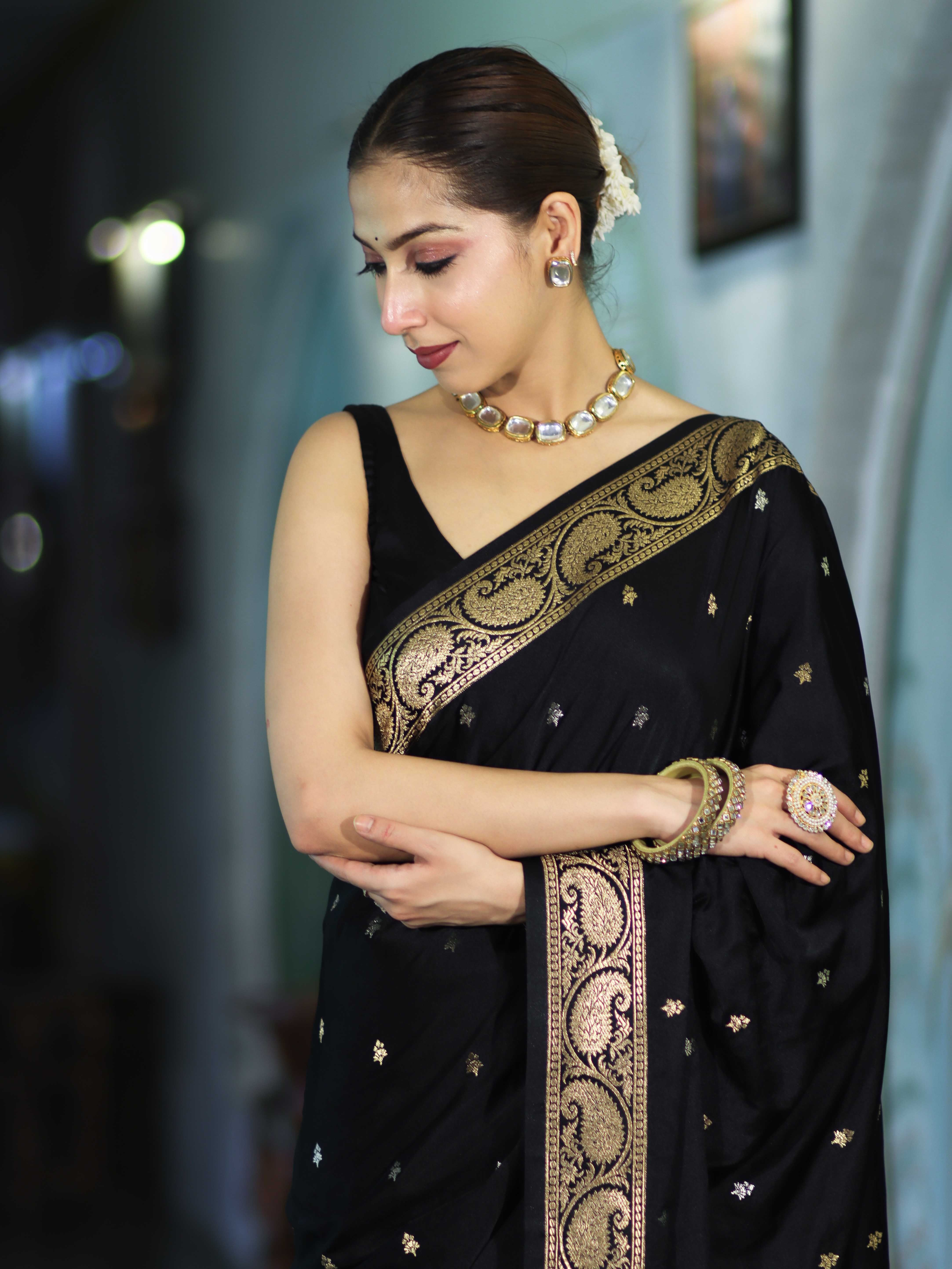 Banarasee Mashru Silk Saree With Zari Motifs & Floral Border-Black