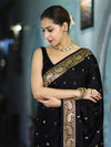 Banarasee Mashru Silk Saree With Zari Motifs & Floral Border-Black