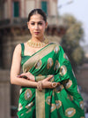 Banarasee Handloom Semi Katan Saree With Zari Buta Work & Border-Green