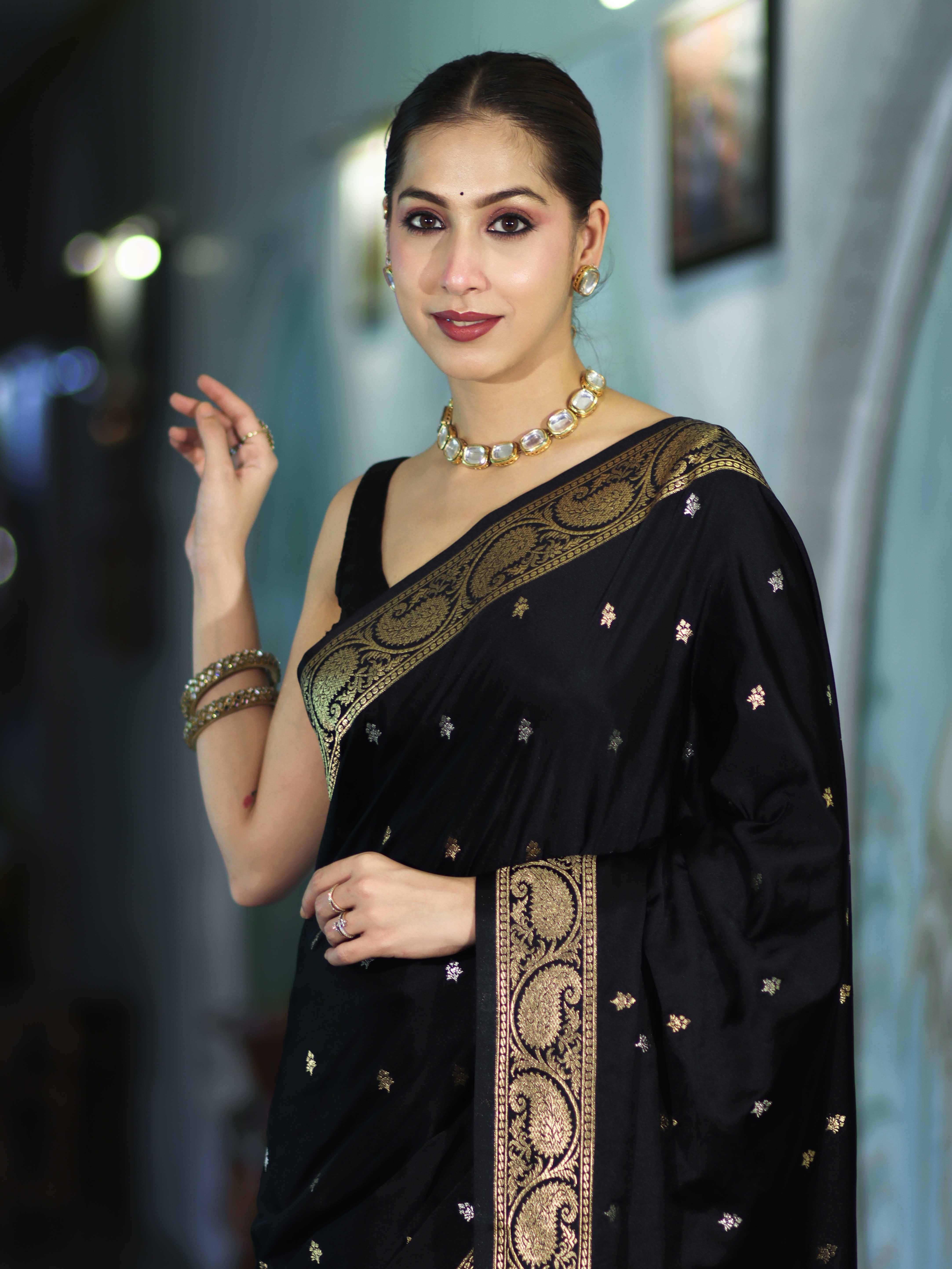 Banarasee Mashru Silk Saree With Zari Motifs & Floral Border-Black