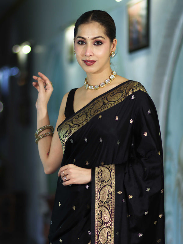 Banarasee Mashru Silk Saree With Zari Motifs & Floral Border-Black