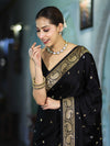 Banarasee Mashru Silk Saree With Zari Motifs & Floral Border-Black