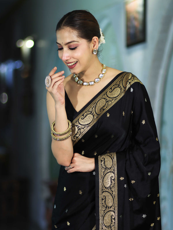 Banarasee Mashru Silk Saree With Zari Motifs & Floral Border-Black