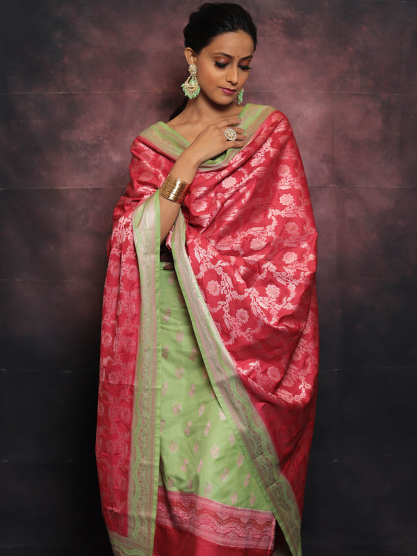 Banarasee Salwar Kameez Semi Katan Silk Fabric With Zari Work-Green & Red