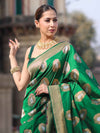 Banarasee Handloom Semi Katan Saree With Zari Buta Work & Border-Green