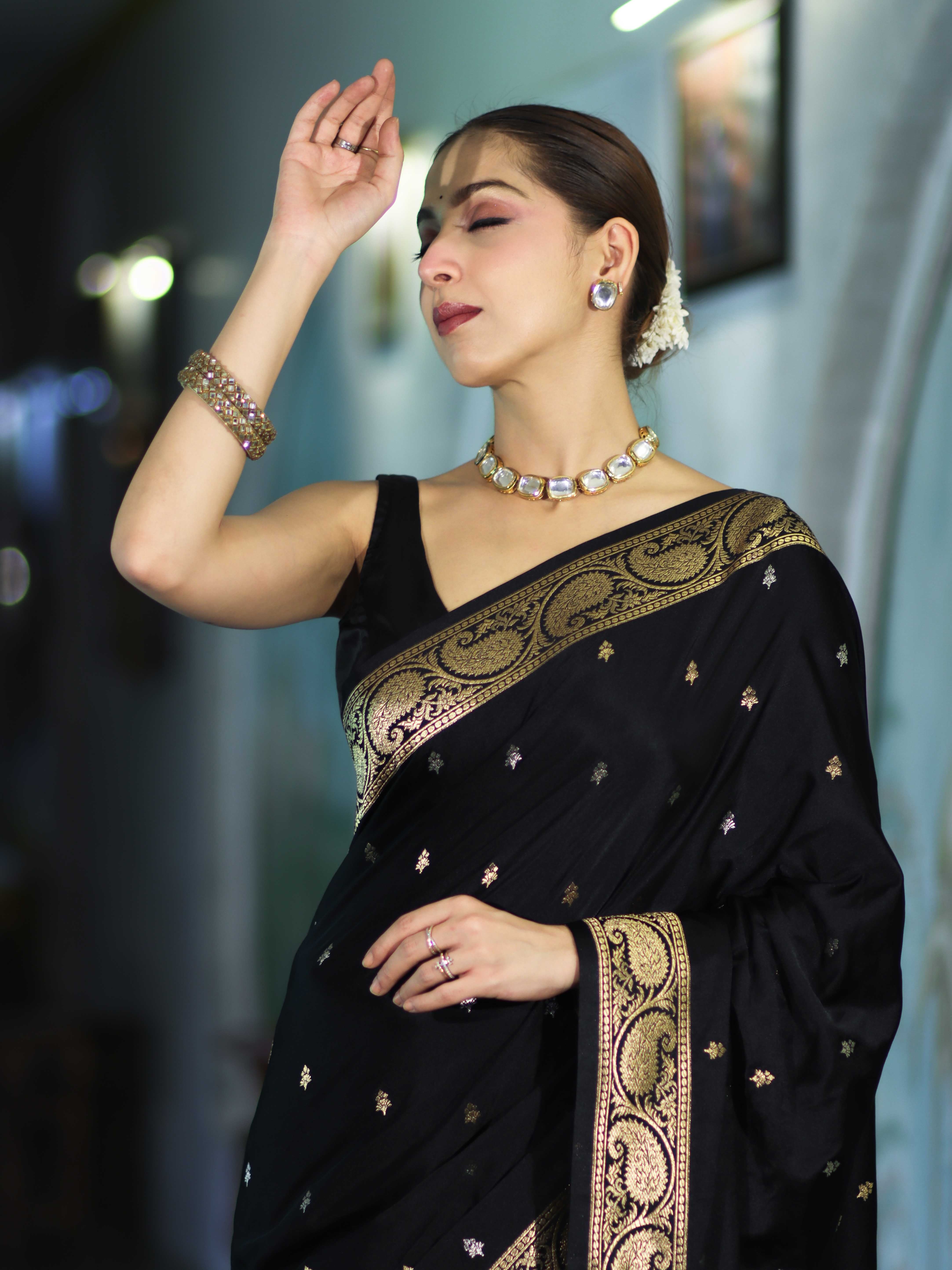 Banarasee Mashru Silk Saree With Zari Motifs & Floral Border-Black